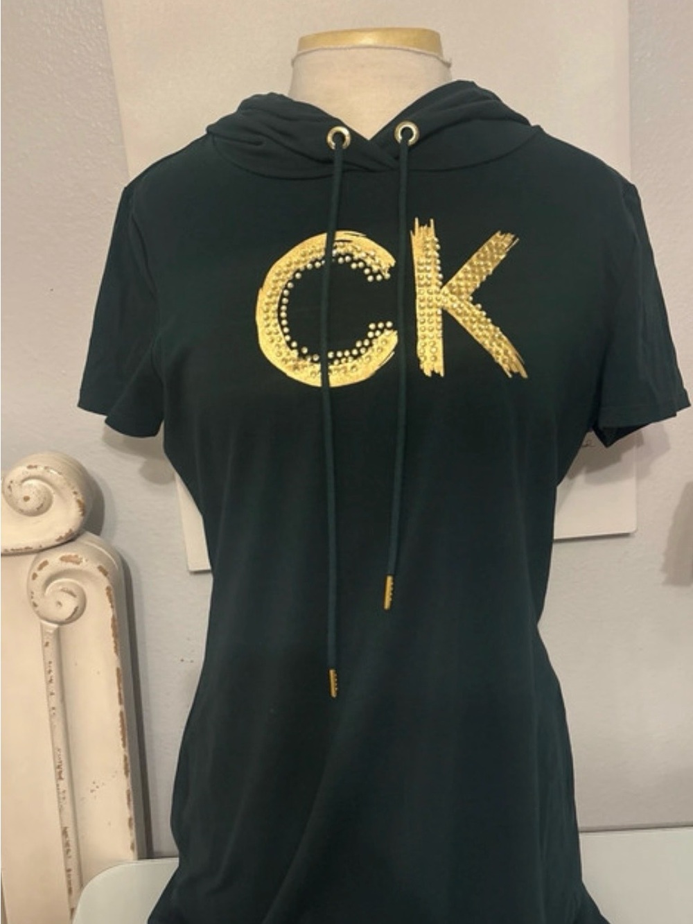 Calvin Klein Dark Green Midi Hoodie Dress with Gold CK Logo